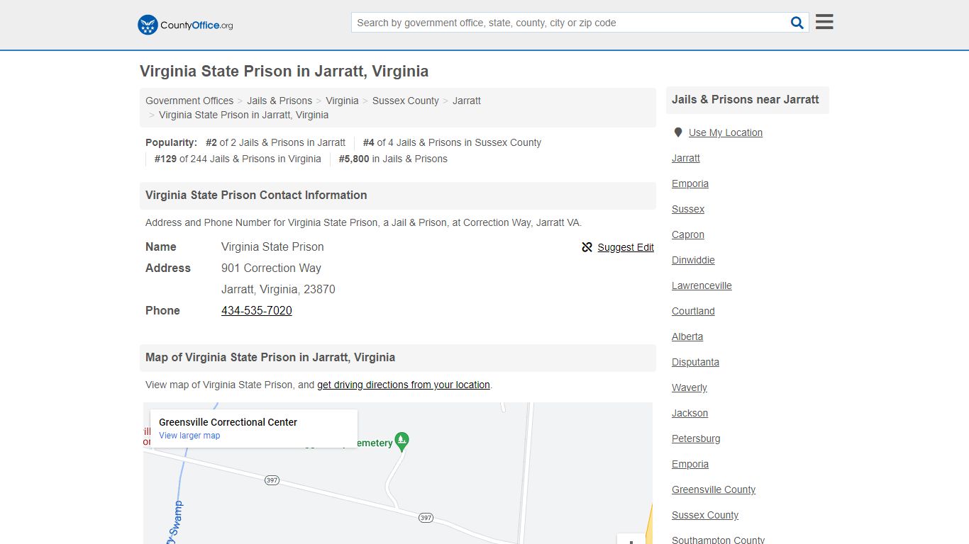Virginia State Prison - Jarratt, VA (Address and Phone)